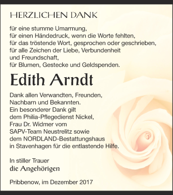 Traueranzeige von Edith Arndt von Mecklenburger Schweiz