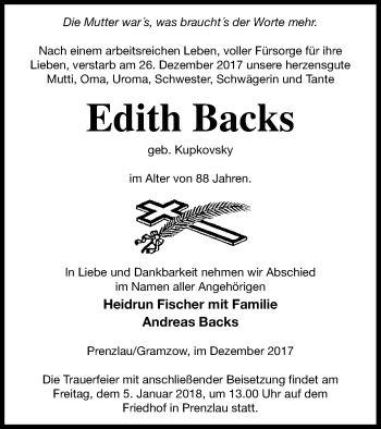 Traueranzeige von Edith Backs von Prenzlauer Zeitung