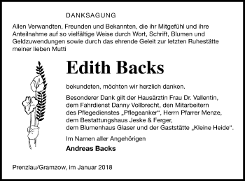 Traueranzeige von Edith Backs von Prenzlauer Zeitung