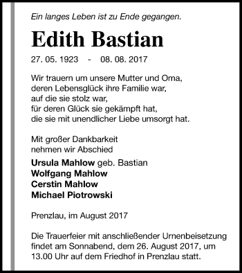 Traueranzeige von Edith Bastian von Prenzlauer Zeitung