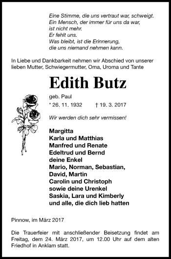 Traueranzeige von Edith Butz von Vorpommern Kurier