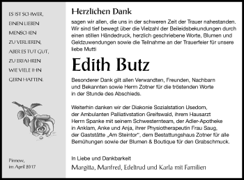 Traueranzeige von Edith Butz von Vorpommern Kurier