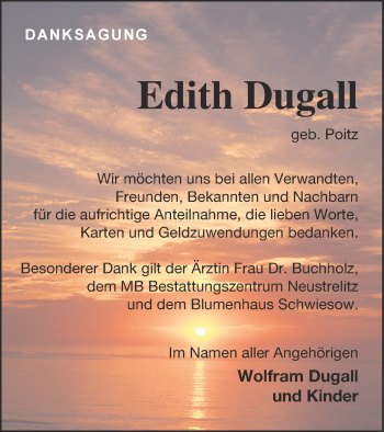 Traueranzeige von Edith Dugall von Strelitzer Zeitung