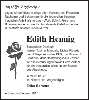 Traueranzeige von Edith Hennig von Vorpommern Kurier