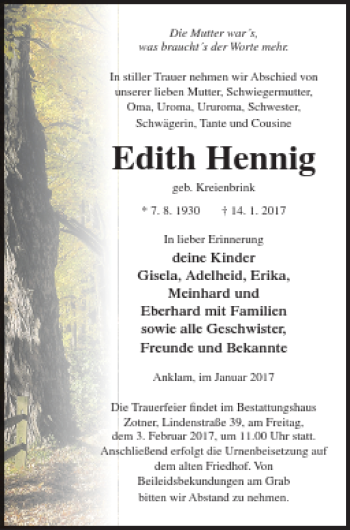 Traueranzeige von Edith Hennig von Vorpommern Kurier