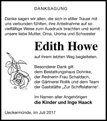 Traueranzeige von Edith Howe von Haff-Zeitung