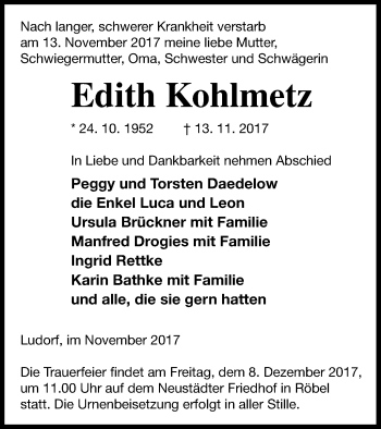 Traueranzeige von Edith Kohlmetz von Müritz-Zeitung