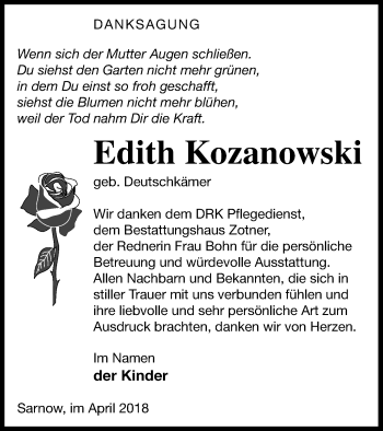 Traueranzeige von Edith Kozanowski von Vorpommern Kurier