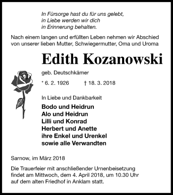 Traueranzeige von Edith Kozanowski von Vorpommern Kurier