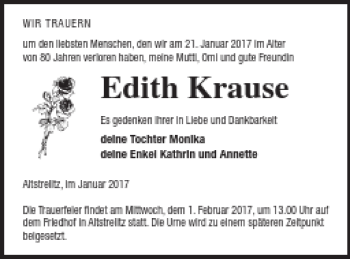 Traueranzeige von Edith Krause von Strelitzer Zeitung