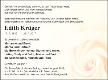 Traueranzeige von Edith Krüger von Neubrandenburger Zeitung