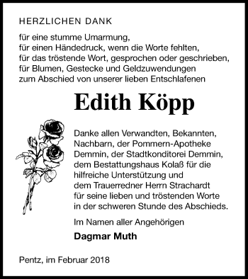 Traueranzeige von Edith Köpp von Demminer Zeitung