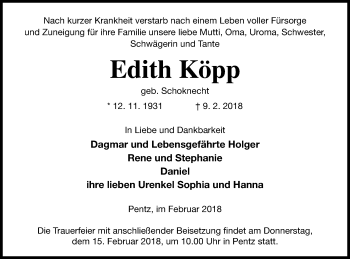 Traueranzeige von Edith Köpp von Demminer Zeitung