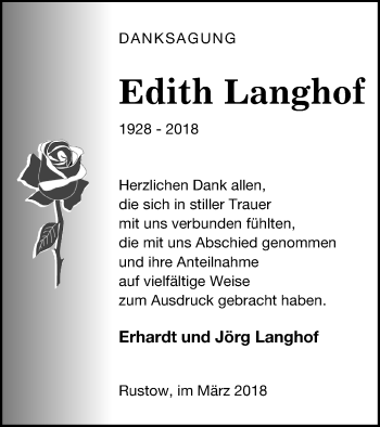 Traueranzeige von Edith Langhof von Vorpommern Kurier