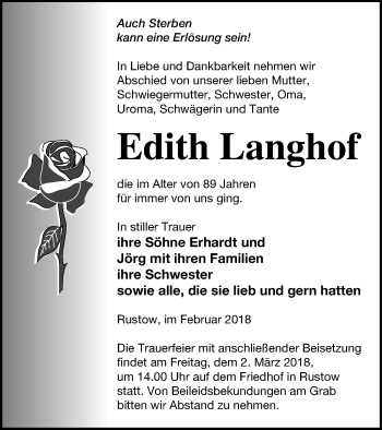 Traueranzeige von Edith Langhof von Vorpommern Kurier