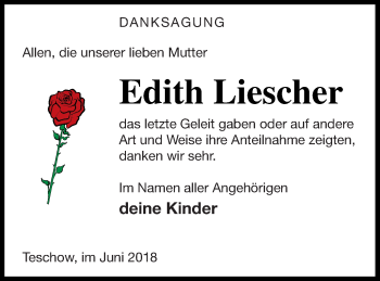 Traueranzeige von Edith Liescher von Mecklenburger Schweiz