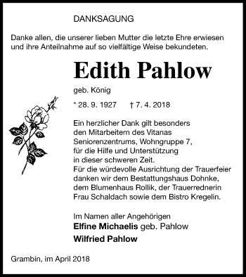 Traueranzeige von Edith Pahlow von Haff-Zeitung