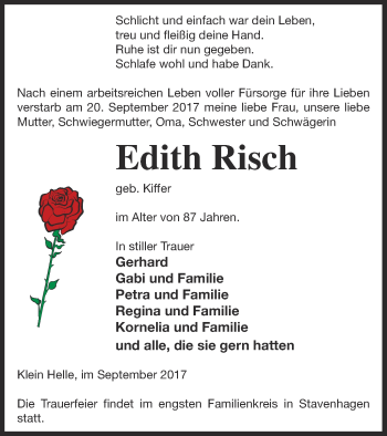 Traueranzeige von Edith Risch von Mecklenburger Schweiz