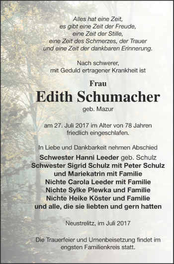Traueranzeige von Edith Schumacher von Neubrandenburger Zeitung
