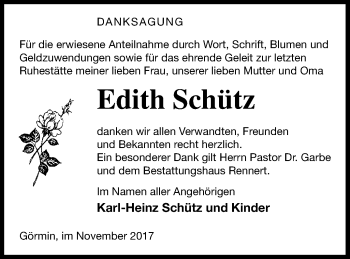 Traueranzeige von Edith Schütz von Vorpommern Kurier