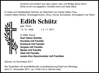 Traueranzeige von Edith Schütz von Vorpommern Kurier