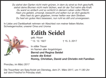 Traueranzeige von Edith Seidel von Prenzlauer Zeitung