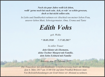 Traueranzeige von Edith Vohs von Prenzlauer Zeitung
