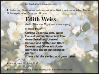 Traueranzeige von Edith Weiss von Neubrandenburger Zeitung