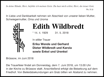 Traueranzeige von Edith Wildbredt von Prenzlauer Zeitung