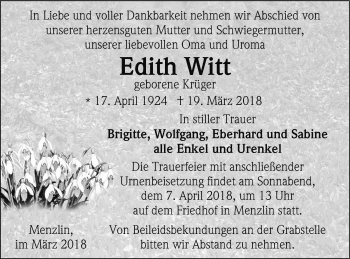 Traueranzeige von Edith Witt von Vorpommern Kurier