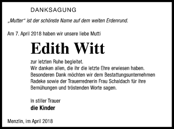 Traueranzeige von Edith Witt von Vorpommern Kurier