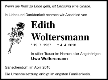 Traueranzeige von Edith Woltersmann von Demminer Zeitung