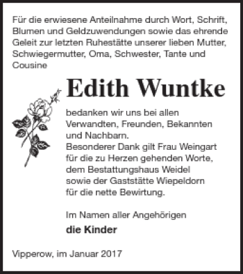 Traueranzeige von Edith Wuntke von Müritz-Zeitung