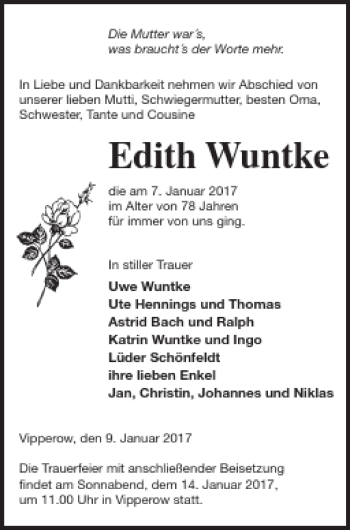 Traueranzeige von Edith Wuntke von Müritz-Zeitung