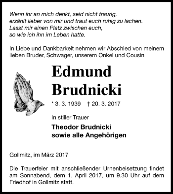 Traueranzeige von Edmund Brudnicki von Prenzlauer Zeitung