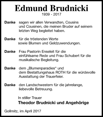 Traueranzeige von Edmund Brudnicki von Prenzlauer Zeitung