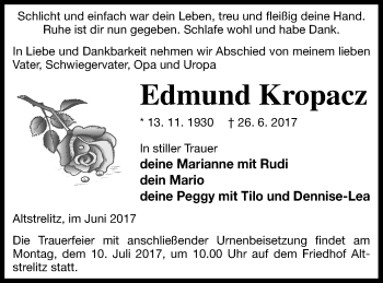 Traueranzeige von Edmund Kropacz von Strelitzer Zeitung