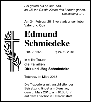 Traueranzeige von Edmund Schmiedeke von Mecklenburger Schweiz
