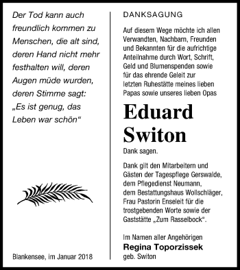 Traueranzeige von Eduard Switon von Templiner Zeitung