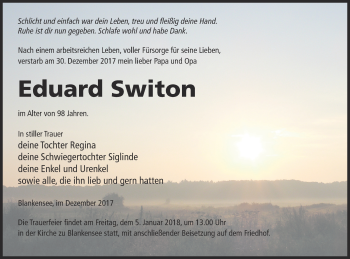 Traueranzeige von Eduard Switon von Templiner Zeitung