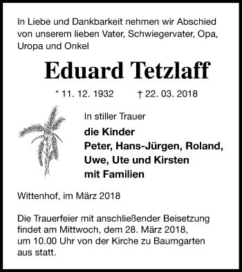 Traueranzeige von Eduard Tetzlaff von Prenzlauer Zeitung