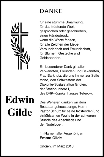 Traueranzeige von Edwin Gilde von Mecklenburger Schweiz