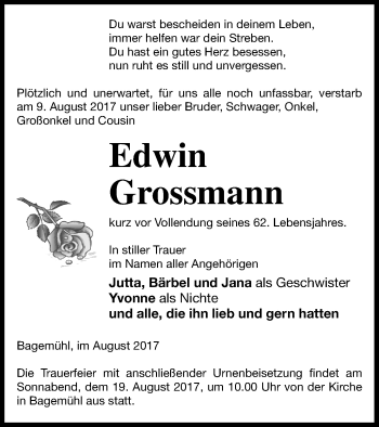 Traueranzeige von Edwin Grossmann von Pasewalker Zeitung