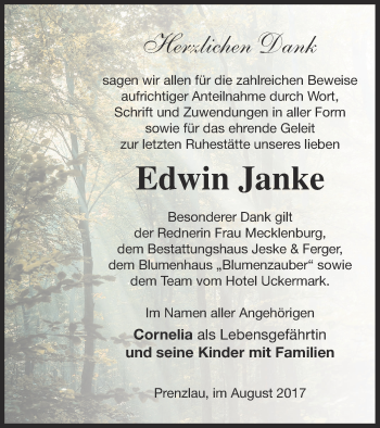 Traueranzeige von Edwin Janke von Prenzlauer Zeitung
