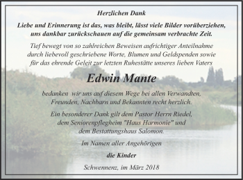 Traueranzeige von Edwin Mante von Pasewalker Zeitung