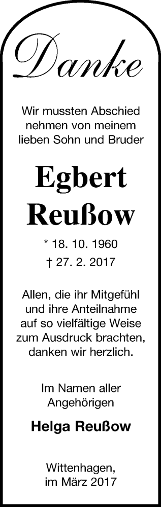 Traueranzeige von Egbert Reußow von Strelitzer Zeitung