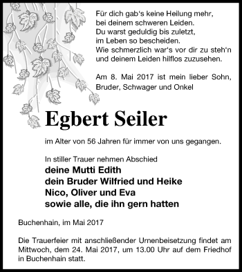 Traueranzeige von Egbert Seiler von Templiner Zeitung