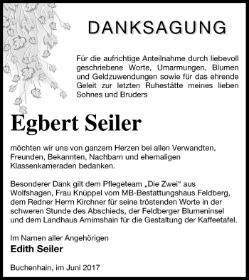 Traueranzeige von Egbert Seiler von Templiner Zeitung