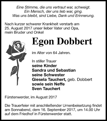 Traueranzeige von Egon Dobbert von Prenzlauer Zeitung