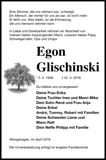 Traueranzeige von Egon Glischinski von Haff-Zeitung